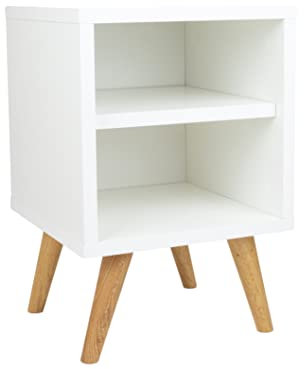 Nachtschrank Weiss mit Regal - Kleiner Couchtisch Weiß - Beistelltisch Holz Seitenschrank - Nachttisch schmal – Nachtkästchen auf Holzbeinen