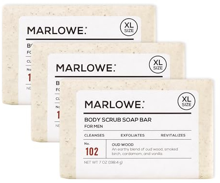 MARLOWE. No. 102 Body Scrub Soap 7 oz (3 Bars), Oud Wood, Exfoliating Soap Bar with Shea Butter, Olive Oil & Green Tea Extracts, Cleanses, Smooths & Revitalizes Skin, Earthy & Smoky Scent