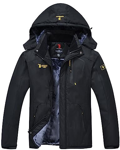 YSENTO Herren Skijacke Winterjacke Softshelljack Wasserdicht Warm Gefüttert Outdoor Funktionsjacke mit Abnehmbarer Kapuze(Schwarz,2XL)