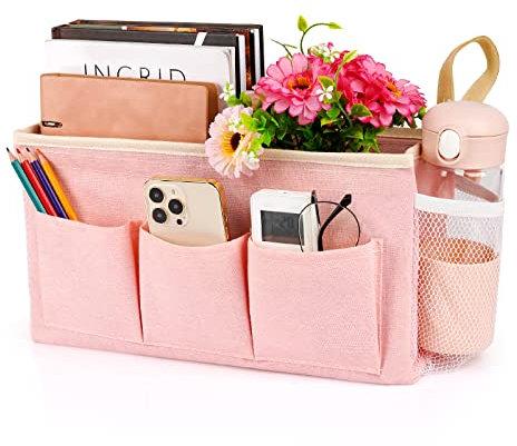 Lilithye Bedside Organizer with Fixed Straps and Water Bottle Holder for Home, College, Dorm, Bunk, Hospital, Crib, Bed Rails - Pink