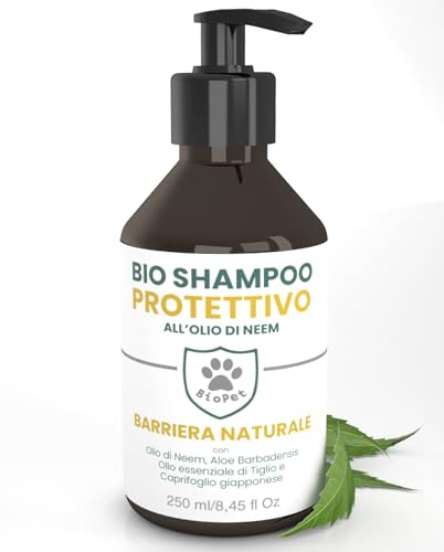 Shampoo Protettivo Olio di Neem Repellente Antiparassitario per Cani Gatti | Bio Pet Effetto Barriera Naturale con Aloe Tiglio Caprifoglio Delicato Ipoallergenico Tutte le Taglie - Flacone da 250ml