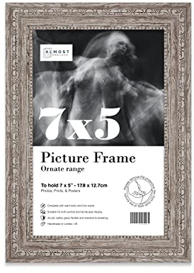 Almost Frameless 7x5 Walnut Ornate Picture Frame 7x5(17.7x12.7cm) Poster, Photo, Artwork, or Print. Baroque Style Portrait and Landscape Display with Wall Hooks