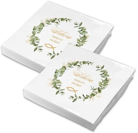 itenga Servietten Papier Fisch Schön dass du da bist 33 x 33 cm 3-lagig 40 Stück für Taufe Kommunion Konfirmation Jungen und Mädchen Eukalyptus Kranz grün gold weiß