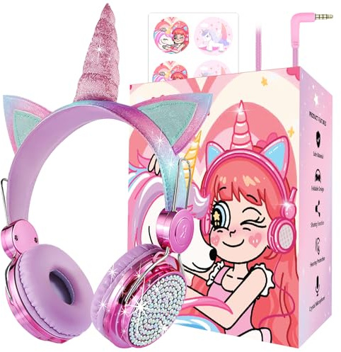charlxee Kids Unicorns Headphones with Mic for School/Travel,95dB Volume Limited,Shareport,On/Over Ear Wired Headsets with Nylon Cable-Hot Pink