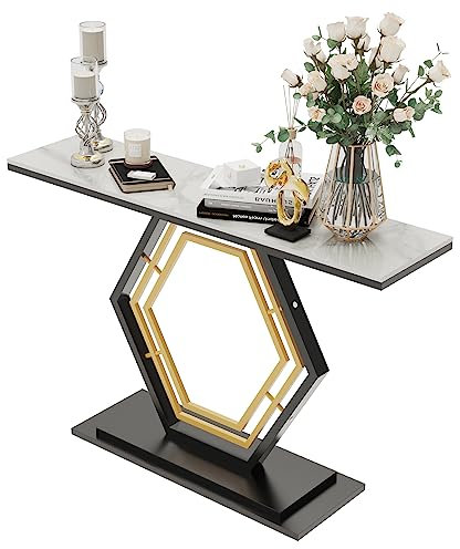 FATIVO Console Meuble en Marbre: 120cm Table Console Scandinave Blanche Meuble d’Entrée Bout de Canapé Doré pour Couloir Salon - Hexagonale Blanche 120x30x78cm