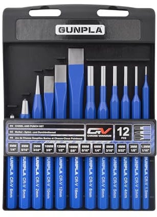 Gunpla 12pcs Chisels and Punches Set, High Quality Durable Chrome Vanadium Steel Split Punch 1.5-16mm – Removing Chiseling Inserting Silting Rusty Nuts Center Punching Tools