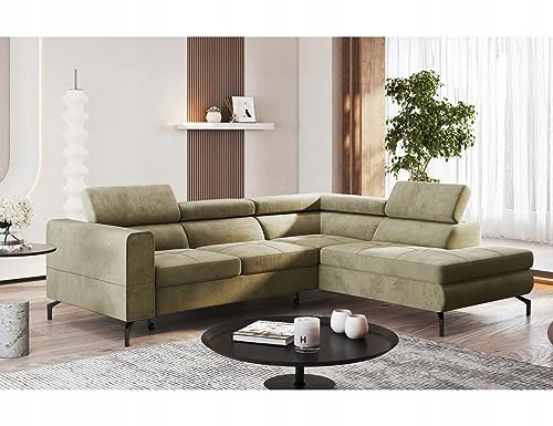 Easy4You Beige Ecksofa Balsta Velours in L-Form 264 x 73 x 203 cm mit Schlaffunktion und Bettzeugbehälter - Schlafsofa mit Bettkasten Links oder rechts - Eckcouch mit Stauraum - Stoff: Monolith 04