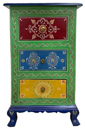 Oriental Galerie Kommode mit Schubladen Indien Nachtkonsole Schrank Schränkchen Schubladenschrank Grün Bunt Model Chadna 75 cm
