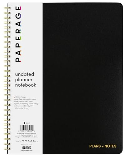 PAPERAGE Undatiertes Tagesplaner-Notizbuch (schwarz), 21,6 x 27,9 cm, Spiralbindung, To-Do-Liste und Zeitplaner, 104 linierte Seiten für Pläne und Notizen