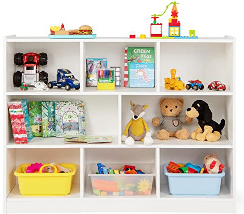 DREAMADE Kinderregal mit 8 Fächern, Bücherregal für Kinder aus Holz, Aufbewahrungsregal Spielzeugschrank Kinderzimmer Möbel, Spielzeugregal für Kinderzimmer Wohnzimmer, 122 x 32 x 93cm (Weiß)