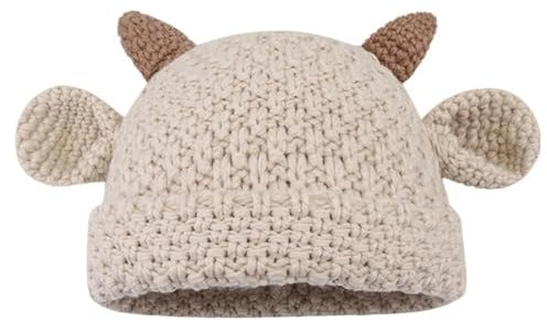 CORIRESHA Unisex niedliche Hörner Bärenohren Beanie Winter Häkelmütze Tierliebhaber Geschenk, Beige, Einheitsgr��e
