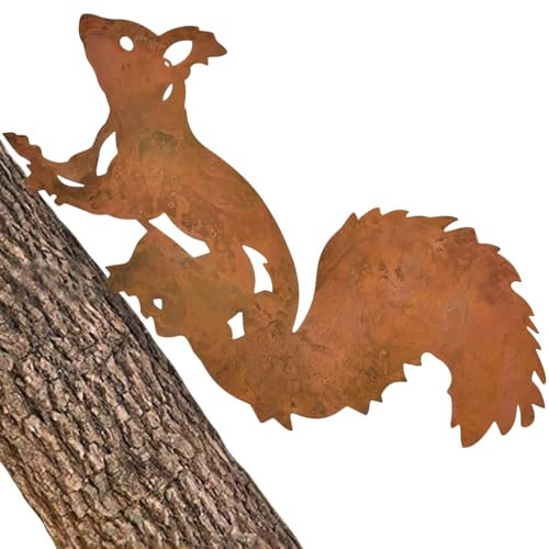 NAROSEBE Rostiges Eichhörnchen, Baumstecker Gartenstecker Eichhörnchen Rost, Metall Rostfiguren Garten Tiere, Deko Rostoptik Draußen Tiere, Rost Deko Aussen zum Schraube in Holz, 32cm & 23cm