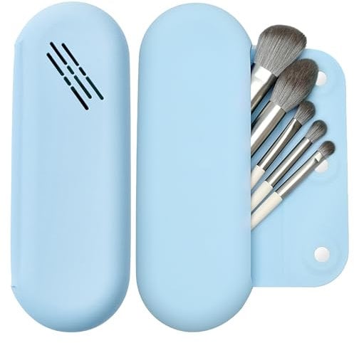 LuBanOne Makeup Brush Holder Magnetic Closure Make Up Brushes Organizer Silicone Makeup Bag Travel Essentials (Blue)