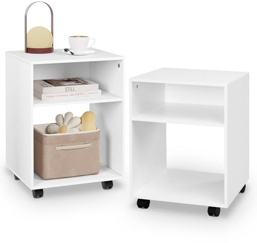 EUGAD 2er Set Nachttische auf Rollen, mit Bremsen, Beistelltisch weiß mit 2 offenen Fächern, 40x55x35 cm, Druckertisch, Nachtkästchen Couchtisch Sofatisch, für Schlafzimmer Büro, 0008CTG-2