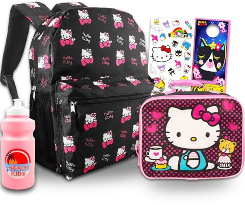 Hello Kitty Set zaino da viaggio e portapranzo - Zaino Hello Kitty da 40,6 cm, borsa per il pranzo Hello Kitty con borraccia, bottiglia d'acqua, adesivi e altro | Zaino Hello Kitty School, Multicolore