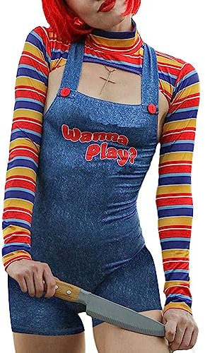 Halloween-Kostüme für Damen, gruseliger Albtraum-Killer, Puppe, Wanna Play, Filmfigur, Bodysuit, Chucky-Puppe, Cosplay-Kostüm-Set, 2 Stück, blau, M