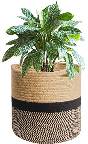 KMERCE - Maceta para plantas de cuerda de algodón para decoración interior, cesta de almacenamiento para juguetes, ropa, diámetro de 30 cm (amarillo+negro)