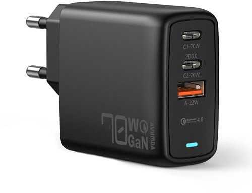 AVUMDA Caricatore USB C 70W, caricatore rapido a 3 porte per MacBook Air Pro iPad Pro, iPhone 15/1413/Pro, Dell XPS, Google Pixel, Galaxy S23/S22/S21, Steam Deck, USB C Caricabatterie con GaN III Tech