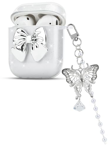 DiyGody Glitzernd Hülle Kompatibel mit Airpods 1&2 Generation mit Schlüsselanhänger, Ultradünn Silikon Schutzhülle mit 3D Schmetterling Fliegen Muster, Stoßfeste Anti-Rutsch Anti-Staub Kein Geruch