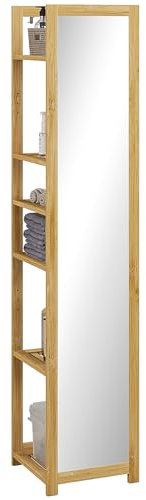 HOMCOM Meuble Colonne de Salle de Bain avec Miroir étagère de rangements à 6 étagères Support en Bambou Naturel, 35L x 35l x 168H cm