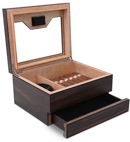 Volenx Cigar Humidor, Handmade Cigar Humidor with Hygrometer and Humidifier, Cedar Wood Humidor Accessory with Drawer for 25-30 Cigars (brown)