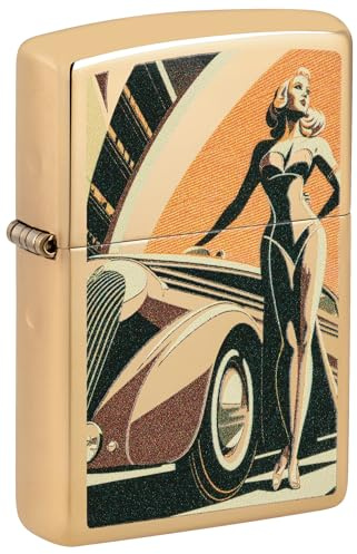 Zippo Sturmfeuerzeug - Vintage Car and Woman Design - Gold - High Polish Brass - Colour Image - Nachfüllbar - Windfest - Geschenkbox - Made in USA
