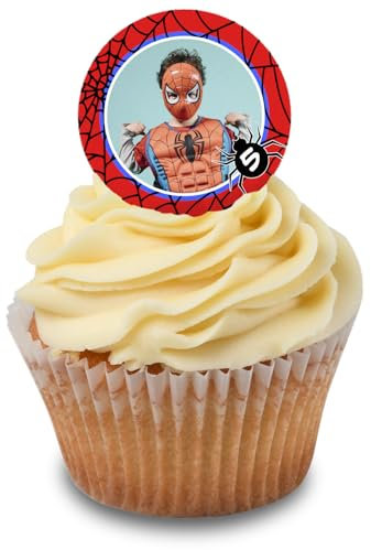 Cakeshop Cupcake Personalisierte Essbare Kuchenaufleger Mit Spinnennetz & Roter Rand | Personalisieren Sie Bild & Alter | Für Geburtstage & Feiern | Zuckerguss & Oblatenpapier Optionen