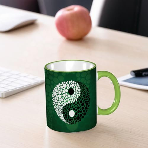 YOIUE Tasse aus Keramik - Große 11oz Tassen 330ml Kaffeetassen mit Henkel, 100% Handbemalt - Trinkgläser mit Griff - Weiß,abstrakten Stil Rauch grüne Linie Ornament Hintergrund Rahmen Yin Yang Zeiche