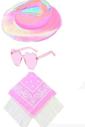 IFHDO Damen Cowboyhut,Randlose Hippie Herzförmige Brille Halstuch,Western-Stil,Breite Krempe,Verkleidung für Party Halloween Karneval Kostüm Kostümzubehör(Rosa)