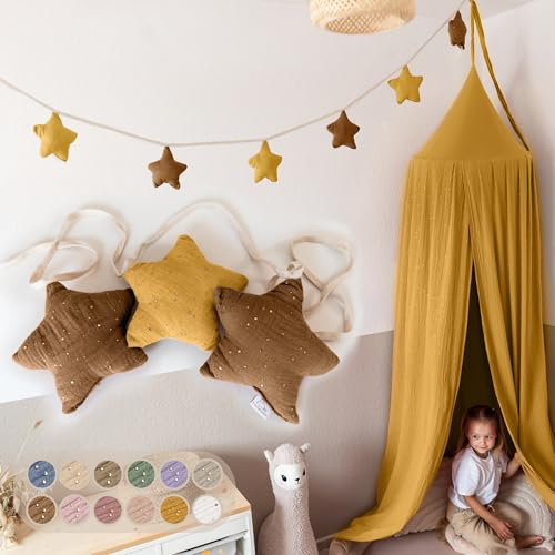 LILIMAUS Sternen Wimpelkette Stoff - Mit Goldapplikation in 12 Farben - 100% Baumwolle Handmade - Musselin - Hausbett Deko für Mädchen & Jungen - Babyzimmer Deko