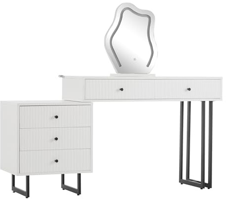 Azkoeesy Schminktisch mit LED-Beleuchtung und Spiegel, Moderner Kosmetiktisch Erweiterbar mit LED-Spiegel, mit 5 Schubladen, Streifen-Design (100 x 40 x 76 cm)