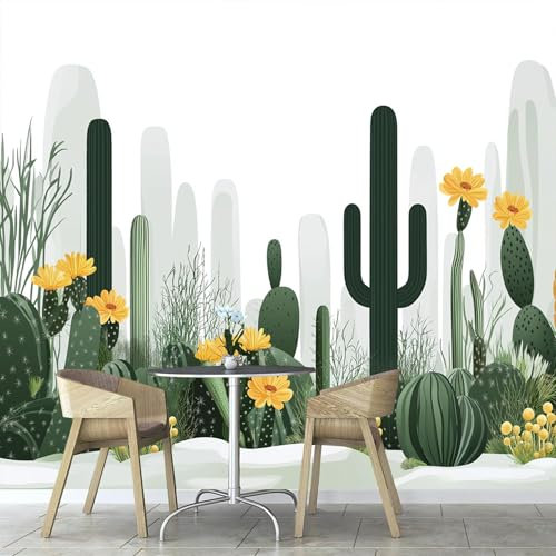 Wallpaper Papier Peint Panoramique Aquarelle Plantes 350×256cm Poster Geant Mural,3D Désert Cactus Peinture Murale Papier Peint Salon Chambre