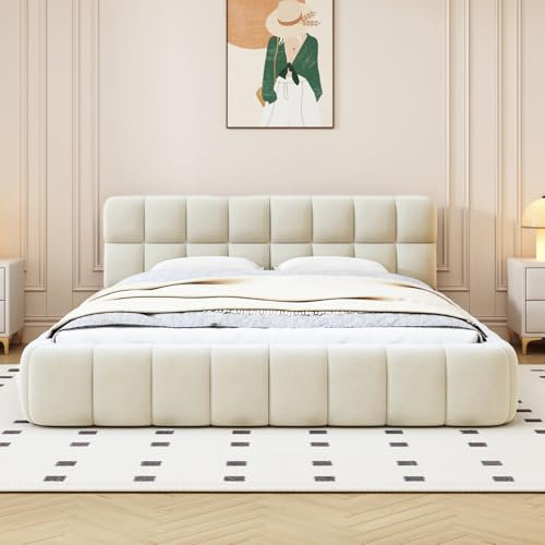 YGHQAP Polsterbett Bubble Bett 160x200cm Doppelbett mit Lattenrost und weicher Rückenlehne Jugendbett Flachbett Bettgestell, Leinen, ohne Matratze (Beige, 160 * 200)