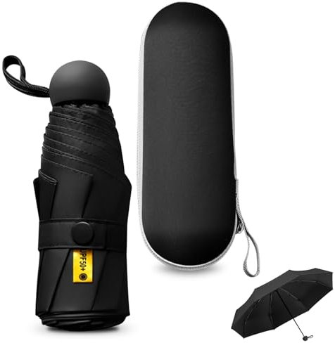 Sykrawki Paraguas Plegable Ultra Compacto para Viaje - Portátil, 8 Costillas Resistente al Viento | Protección UV 99% Impermeable | Unisex para Hombres y Mujeres (negro)