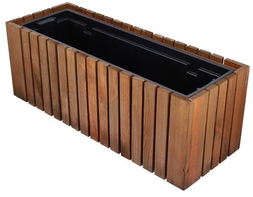 HRB Blumentopf Vintage eckig aus Echtholz braun 20 L, hochwertiger Holz Blumenkasten mit Kunststoffwanne