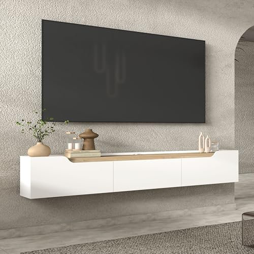 Uniq Trio Modern Floating TV Unit, 180 cm, Wooden Wall Mounted TV Stand with Hidden Storage, Symmetrical Doors, Contemporary TV Cabinet. (White/Oak)
