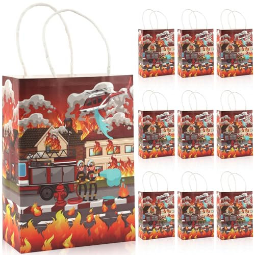 10 Stück Klein Feuerwehrauto Papiertüten mit Henkel, 21×15×8 cm Feuerwehrauto Geschenktüten, Feuerwehr Mitgebsel Tüten Kindergeburtstag, Feuerwehr Party Taschen für Geburtstag Einkaufen