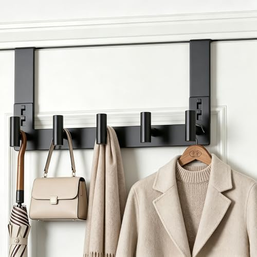 VINHOLD Stainless Steel Over Door Hooks, Over Door Hanger Holder for Robe Cloths, Heavy Duty Towel Hooks, Coat Rack, Doors Organizer for Bathroom, Bedroom, Locker Room & Closet (1 Pack, Black)