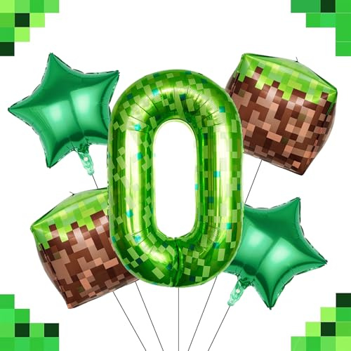 Ovanda 5 Stück Pixelmotiv Riesige Grüne Pixel Miner Thema Luftballon 10, Grasblöcke Luftballon, 100 CM 40 Zoll XXL Luftballon Zahlen 10, Mining Große Zahlenluftballons 10, Folienballon Buchstaben 10