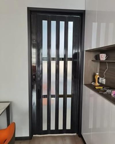 Puerta corredera negra con ventana de rejilla y asa, puerta plegable de acordeón de PVC para cocina y baño, pantalla divisora retráctil magnética (70 x 80 pulgadas)