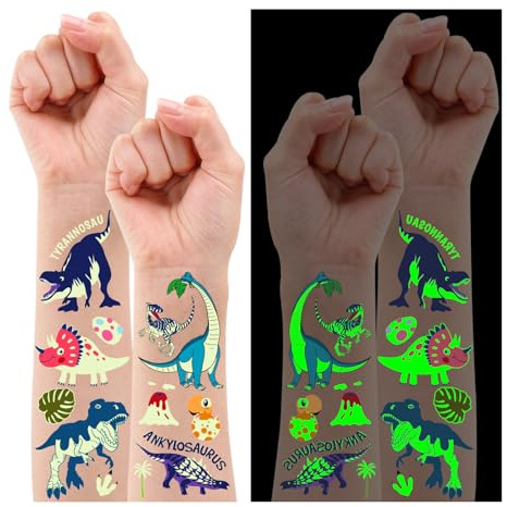 TatoYard Dino Tattoo Kinder, 160 Stück Leucht Kindertattoos Dino Aufkleber für Geschenk Junge ab 5 6 7 8 9 Jahre, Dinosaurier Spielzeug Mitgebsel Kindergeburtstag Adventskalender Füllung Kinder
