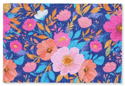 MuchoWow© Fußmatte innen Schmutzfangmatte Tür Teppichmatte für Innenbereich | 60x90 cm - Fußabtreter Haustür Teppich Fussmatte rutschfeste Matte Blumen - Blau - Rosa