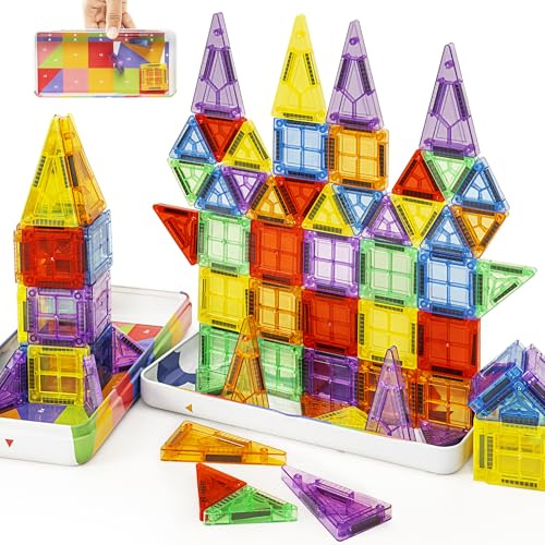 cossy Mini Magnetic Tiles, Travel Magnetic Tiles 80-Piece, Magnet Building Tiles with Metal Box, Magna Tiles for Kids, Learning Educational Construction Toys for 3+ Year Boys & Girls