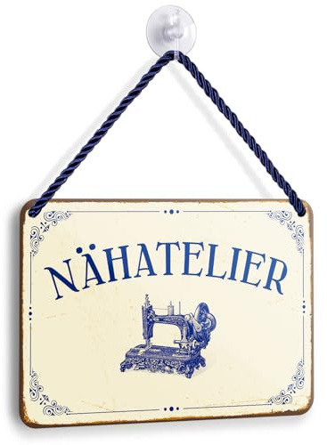 Blechschild NÄHATLIER 18x12cm - Vintage Nähmaschine Metallschild Creme-Blau - Nostalgisches Wandschild mit Kordel & Saugnapf - Retro Deko für Nähzimmer - Geschenk für Schneider und Näh-Fans