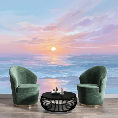 Fototapete Puderblau Sonnenuntergang Am Meer Tapete 3D Effekt Tapeten Aquarellillustrationen Wandtapete Wohnzimmer Schlafzimmer Kinderzimmer Wand Dekoration Motivtapeten,200X140Cm