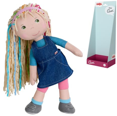 HABA Stoffpuppe Auri 30 cm - Weichpuppe mit Regenbogen Haaren ab 18 Monaten | Waschbare Anziehpuppe: Ideal als Erstpuppe oder als Geschenk für Kleinkinder