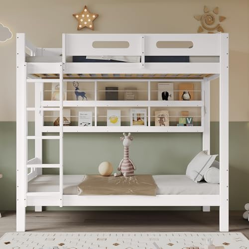 HUQIQWE Etagenbett 90x200 Weiß Mit Fallschutzgitter, Verstellbarem Regal Seitlich, Fünfstufige Leiter, Hochbett Aufbau, Stockbett Konzept, Hausbett Look, Bettrahmen – Für Jugendzimmer, Gästezimmer