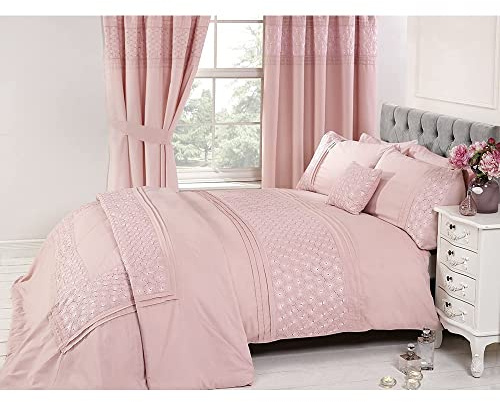 Rapport Home Floral Super King Quilt Duvet Cover & 2 Pillowcase Bed Set Embroidered Pink