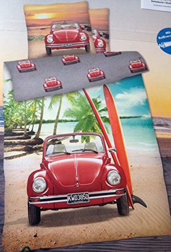 Bettwäsche VW Käfer Beetle Strand Palmen Bezug 135x200cm Kissen 80x80cm Renforcé mit Reißverschluss 100% Baumwolle