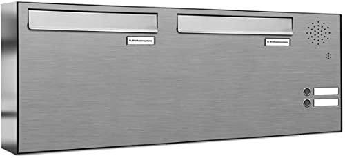 AL Briefkastensysteme 2er Briefkasten für Tür/Zaundurchwurf in V2A Edelstahl mit Klingel, 2 Fach, wetterfeste Premium Doppel-Briefkasten-Anlage modern